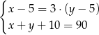 { x − 5 = 3⋅ (y− 5) x + y + 1 0 = 90 