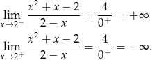  2 lim x-+--x−--2-= 4--= + ∞ x→ 2− 2 − x 0+ x2 + x− 2 4 lim + -----------= -−-= − ∞ . x→ 2 2 − x 0 