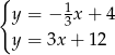 { y = − 13x + 4 y = 3x + 12 