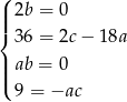 ( | 2b = 0 ||{ 36 = 2c− 1 8a || ab = 0 |( 9 = −ac 