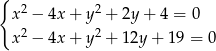 { x2 − 4x + y2 + 2y + 4 = 0 x2 − 4x + y2 + 12y + 19 = 0 