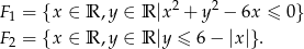  2 2 F1 = {x ∈ R,y ∈ R|x + y − 6x ≤ 0} F2 = {x ∈ R,y ∈ R|y ≤ 6 − |x|}. 