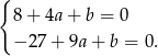 { 8+ 4a+ b = 0 − 27+ 9a + b = 0. 