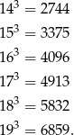  3 14 = 2744 153 = 3375 163 = 4096 3 17 = 4913 183 = 5832 3 19 = 6859. 