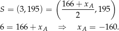  ( ) S = (3,195) = 166+--xA-,195 2 6 = 166 + xA ⇒ xA = − 160. 