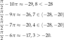π -2 − 10π ≈ − 29 ,8 < − 28 π -- − 9π ≈ − 26,7 ∈ ⟨− 28 ,− 2 0⟩ 2 π- − 7π ≈ − 20,4 ∈ ⟨− 28 ,− 2 0⟩ 2 π- − 6π ≈ − 17,3 > − 20. 2 