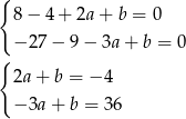 { 8− 4+ 2a+ b = 0 { − 27− 9− 3a+ b = 0 2a+ b = − 4 − 3a+ b = 36 