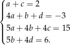 ( ||| a + c = 2 { 4a + b + d = − 3 | ||( 5a + 4b + 4c = 15 5b + 4d = 6. 