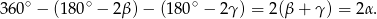  ∘ ∘ ∘ 360 − (1 80 − 2β) − (180 − 2γ ) = 2(β + γ ) = 2α. 