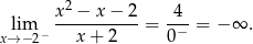  2 lim x--−-x-−-2-= -4- = − ∞ . x→ − 2− x+ 2 0− 