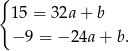 { 15 = 32a + b − 9 = − 24a + b. 