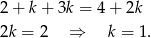 2+ k+ 3k = 4+ 2k 2k = 2 ⇒ k = 1. 