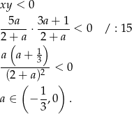 xy < 0 --5a-- 3a-+-1- 2 + a ⋅ 2+ a < 0 / : 15 ( ) a a + 13 --------2- < 0 (2 +( a) ) 1- a ∈ − 3,0 . 