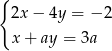 { 2x − 4y = − 2 x + ay = 3a 