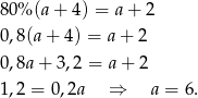 80% (a+ 4) = a+ 2 0,8(a+ 4) = a+ 2 0,8a+ 3,2 = a + 2 1,2 = 0,2a ⇒ a = 6. 
