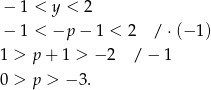  − 1 < y < 2 − 1 < −p − 1 < 2 / ⋅(− 1) 1 > p + 1 > − 2 /− 1 0 > p > − 3. 