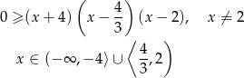  ( ) 0 ≥ (x + 4) x− 4- (x − 2), x ⁄= 2 3 ⟨ ) x ∈ (− ∞ ,− 4⟩∪ 4,2 3 