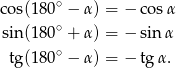 cos(180 ∘ − α ) = − cos α sin(180 ∘ + α ) = − sinα tg(180 ∘ − α ) = − tg α. 