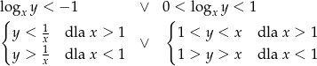 logx y < − 1 ∨ 0 < lo gxy < 1 { 1 { y < x dla x > 1 ∨ 1 < y < x dla x > 1 y > 1x dla x < 1 1 > y > x dla x < 1 