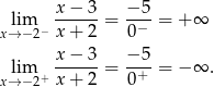  x−--3- −5-- xl→im−2− x+ 2 = 0− = + ∞ lim x−--3-= −5-= − ∞ . x→ −2+ x+ 2 0+ 