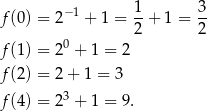  1 3 f(0) = 2− 1 + 1 = --+ 1 = -- 2 2 f(1) = 20 + 1 = 2 f(2) = 2 + 1 = 3 f(4) = 23 + 1 = 9 . 