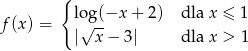  { f(x) = lo√g(−x + 2) dla x ≤ 1 | x− 3| dla x > 1 
