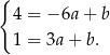 { 4 = − 6a+ b 1 = 3a+ b. 