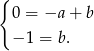 { 0 = −a + b − 1 = b . 