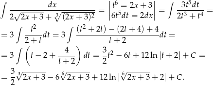 ∫ ||6 || ∫ 5 -√---------dx∘------------= |t5= 2x+ 3| = -3t-dt--= 2 2x + 3 + 3 (2x+ 3)2 |6t dt = 2dx| 2t3 + t4 ∫ 2 ∫ 2 = 3 --t--dt = 3 (t-+-2t)-−-(2t+--4)+--4dt = ∫ 2( + t ) t+ 2 -4--- 3-2 = 3 t− 2 + t+ 2 dt = 2t − 6t+ 12ln |t + 2|+ C = ------- ------- ------- = 3-3√ 2x+ 3− 6√62x + 3 + 12 ln |√62x + 3 + 2|+ C. 2 