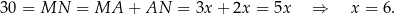 30 = MN = MA + AN = 3x + 2x = 5x ⇒ x = 6 . 