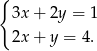 { 3x + 2y = 1 2x + y = 4 . 