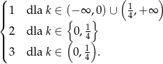 ( ( ) ||| 1 dla k ∈ (− ∞ ,0)∪ 14,+ ∞ { { 1} | 2 dla k ∈ (0 ,4) ||( 1 3 dla k ∈ 0, 4 . 