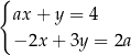 { ax + y = 4 − 2x + 3y = 2a 