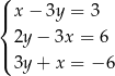 ( | x− 3y = 3 { | 2y − 3x = 6 ( 3y + x = − 6 