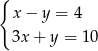 { x− y = 4 3x+ y = 10 
