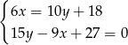 { 6x = 10y + 1 8 15y− 9x + 27 = 0 
