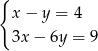 { x − y = 4 3x − 6y = 9 