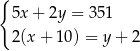 { 5x+ 2y = 35 1 2(x+ 10) = y + 2 