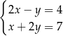 { 2x− y = 4 x+ 2y = 7 