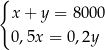 { x + y = 8000 0,5x = 0,2y 