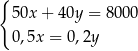 { 50x + 40y = 800 0 0,5x = 0,2y 