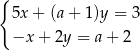 { 5x+ (a+ 1)y = 3 −x + 2y = a + 2 