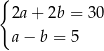 { 2a + 2b = 30 a − b = 5 