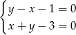 { y− x− 1 = 0 x+ y− 3 = 0 