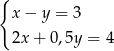 { x− y = 3 2x+ 0,5y = 4 