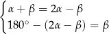 { α + β = 2α− β ∘ 180 − (2α − β ) = β 