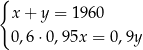 { x+ y = 1960 0,6⋅0 ,95x = 0,9y 