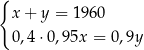 { x+ y = 1960 0,4⋅0 ,9 5x = 0,9y 
