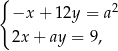 { −x + 12y = a2 2x + ay = 9, 