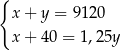 { x + y = 9120 x + 4 0 = 1,25y 